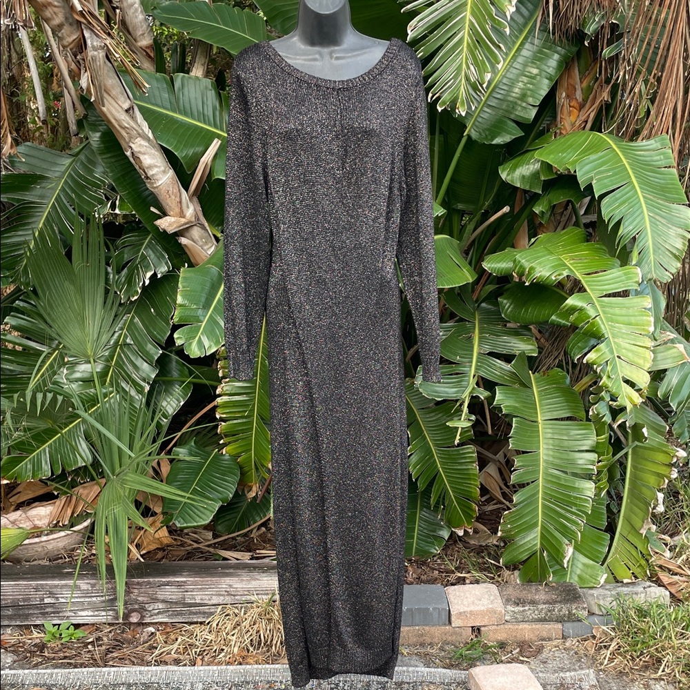 Venus, silver, and black split midi dress